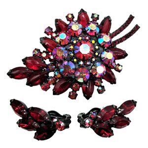 Juliana Brooch Earrings Jewelry Set Red Rhinestone Aurora Borealis Vintage Costu